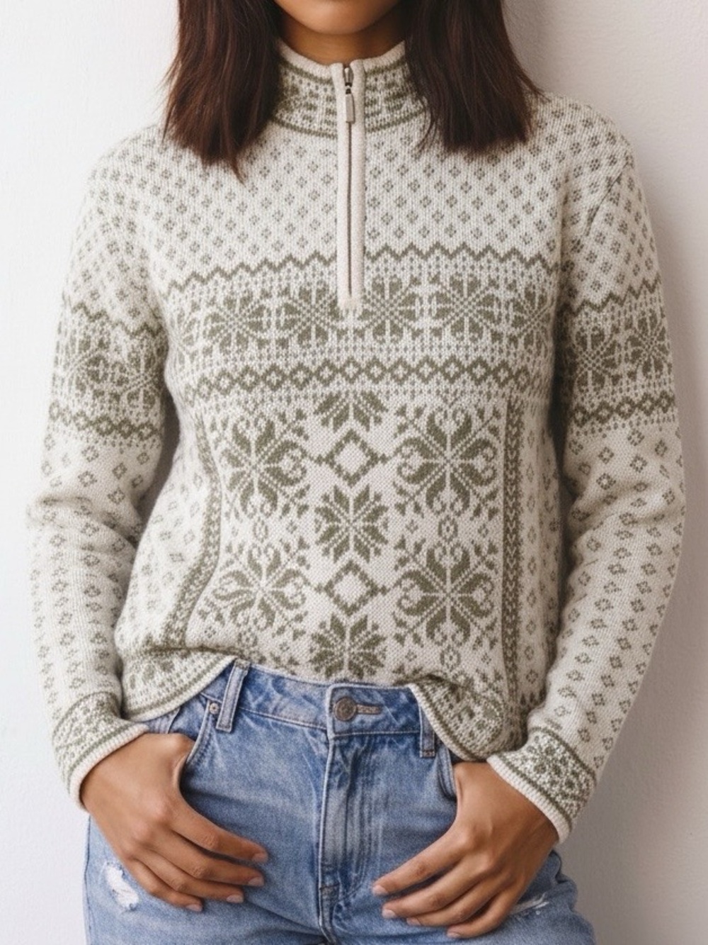 Obermeyer Fair Isle Sweater Wool Cream Tan Quarter Zip Ski Cabincore Winter XL